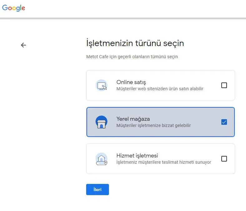 İşletmenizin Türünü Seçin